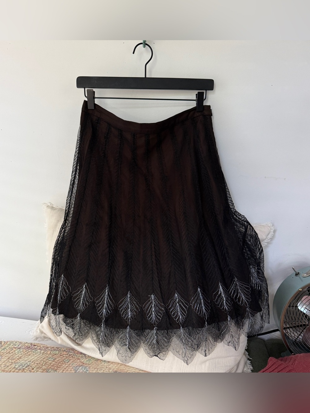 Vintage French Connection Sheer Black Silk Embroidered Leaf A-Line Midi Skirt 4